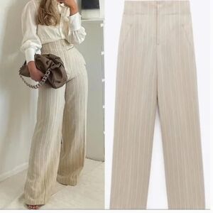 Zara high waist wide leg linen striped trousers, size M